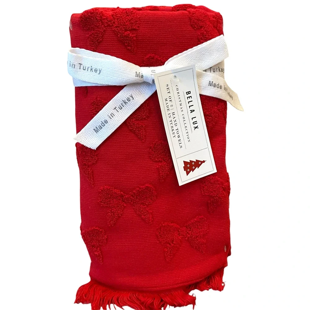 Bella Lux RED BOWS Hand Towel Set of 2 Chic Holiday Bathroom Decor New